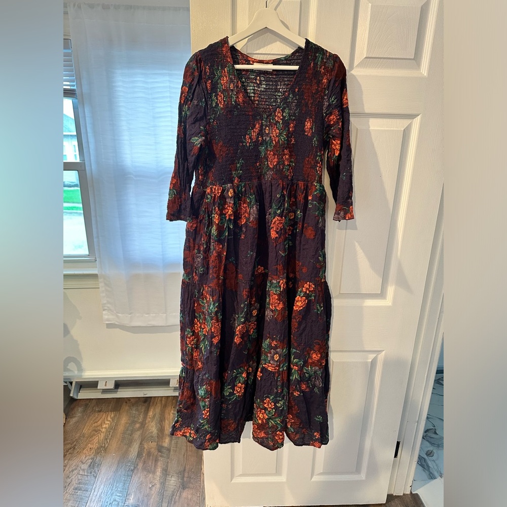 NATURAL LIFE Midi Sundress Blue and Black V-neck